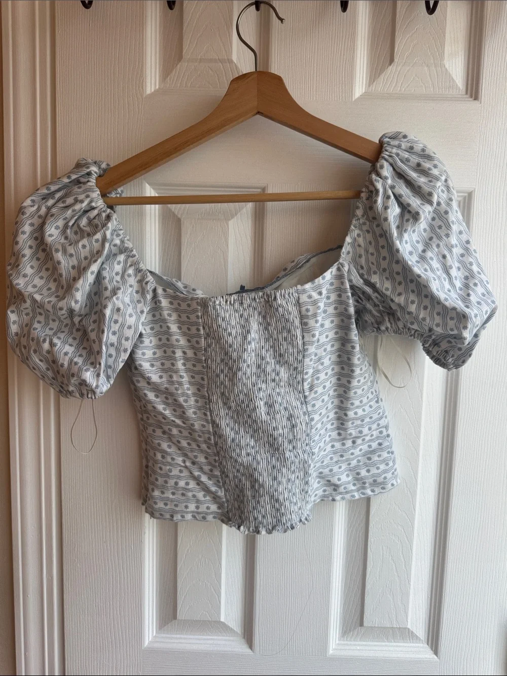 Reformation Blue and White Puff-Sleeve Off-Shoulder Top